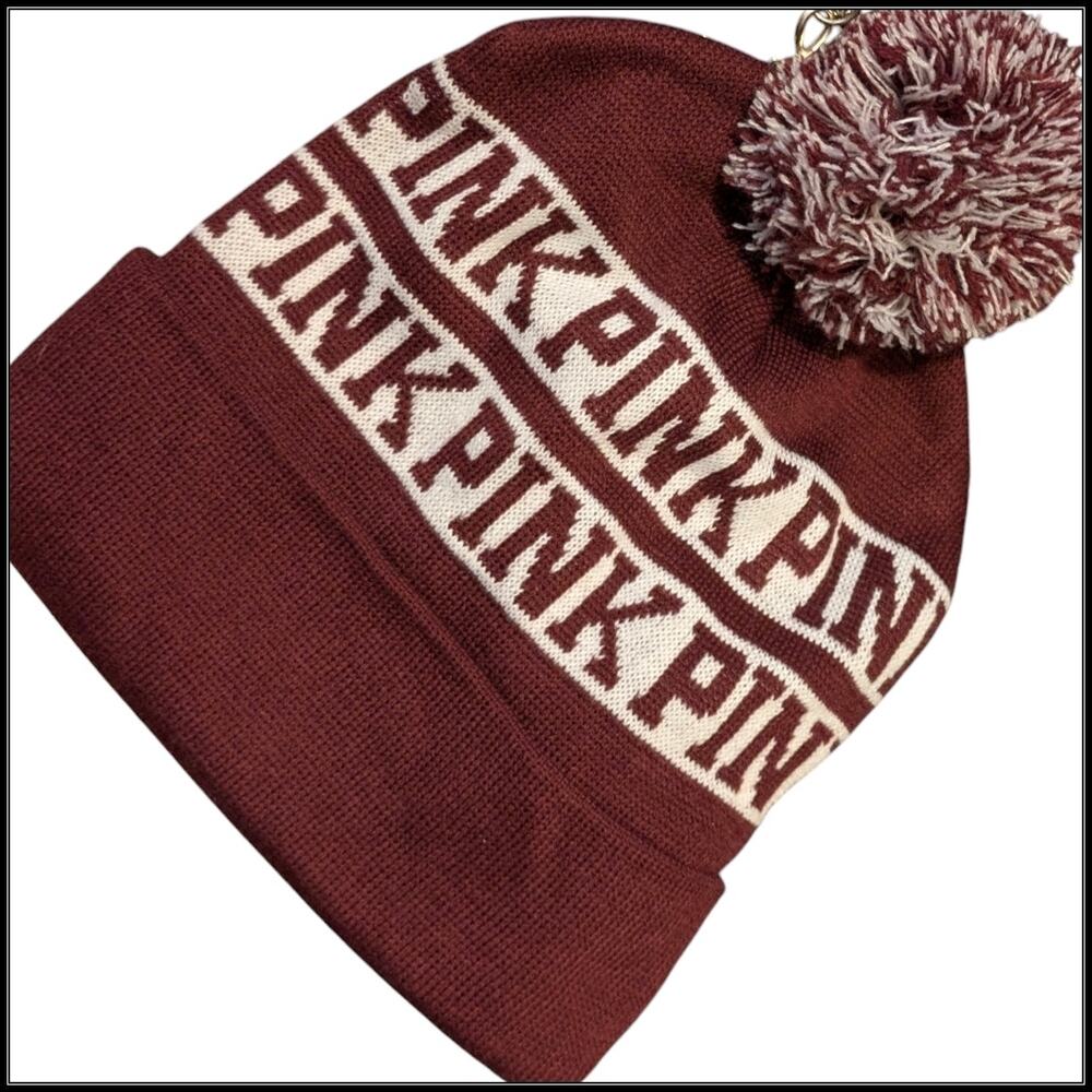 Victoria's Secret PINK Roll Up Pom Pom Beanie Knit Hat Burgundy White Stripes
